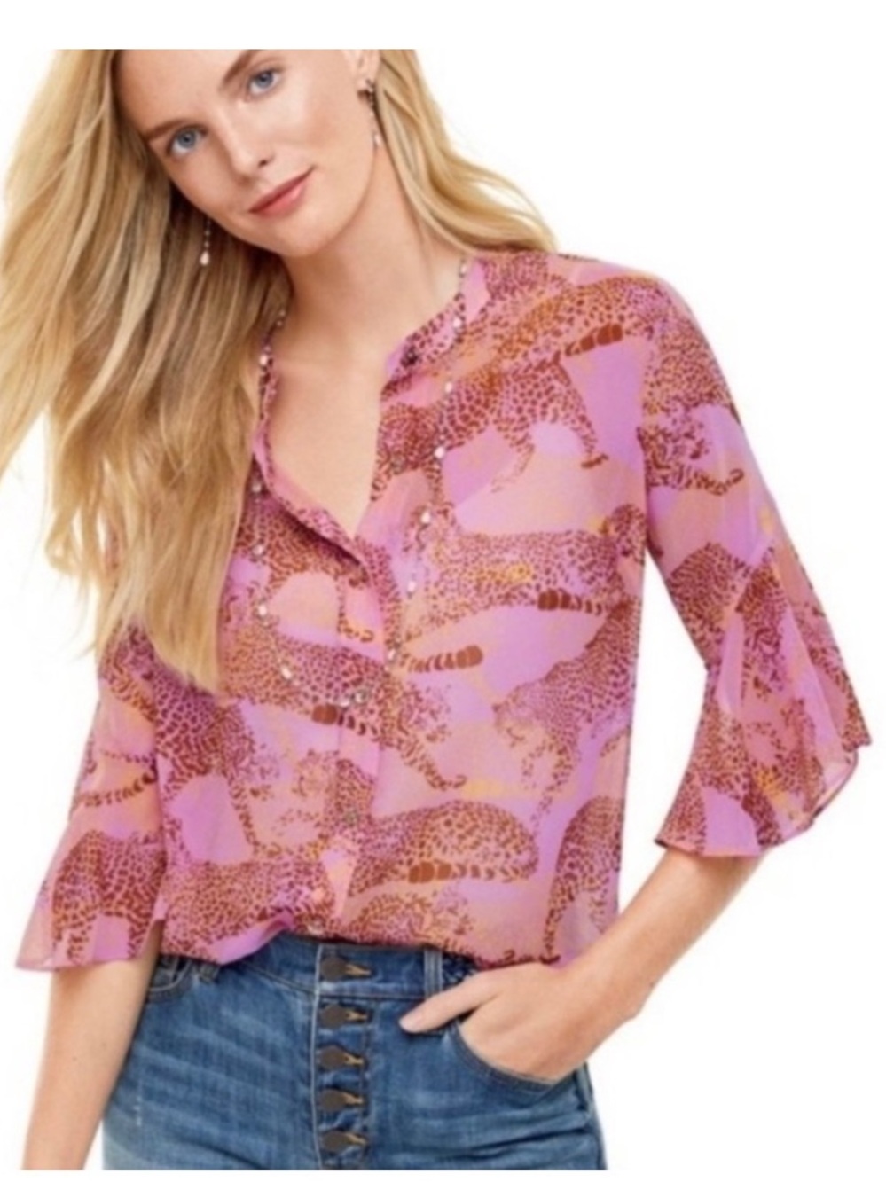 Cabi Minx Flutter Sleeve Blouse Women’s Size M Leopard Button Front Sheer 5711